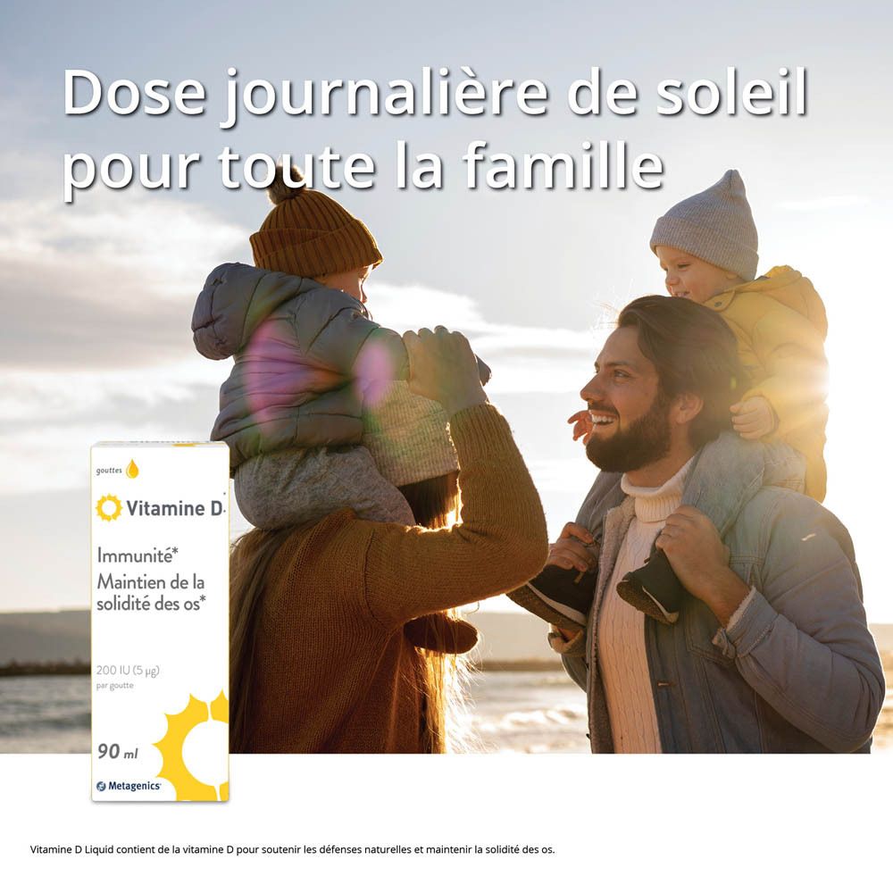 Boîte de Vitamine D. Inscriptions : Vitamine D, immunité, maintien des os, 90 ml, Metagenics.