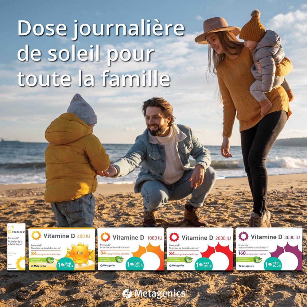 Boîte de Vitamine D. Inscriptions : Vitamine D, immunité, maintien des os, 90 ml, Metagenics.