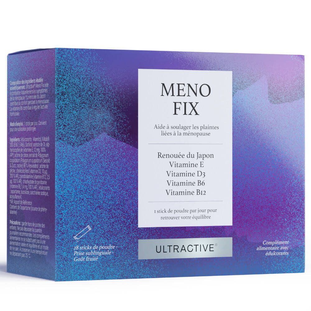 Boîte bleu-violet avec "MENOFIX" et "ULTRACTIVE". Contient 28 sticks de poudre. Inscription: Renouée du Japon, Vitamine E, D3, B6, B12.