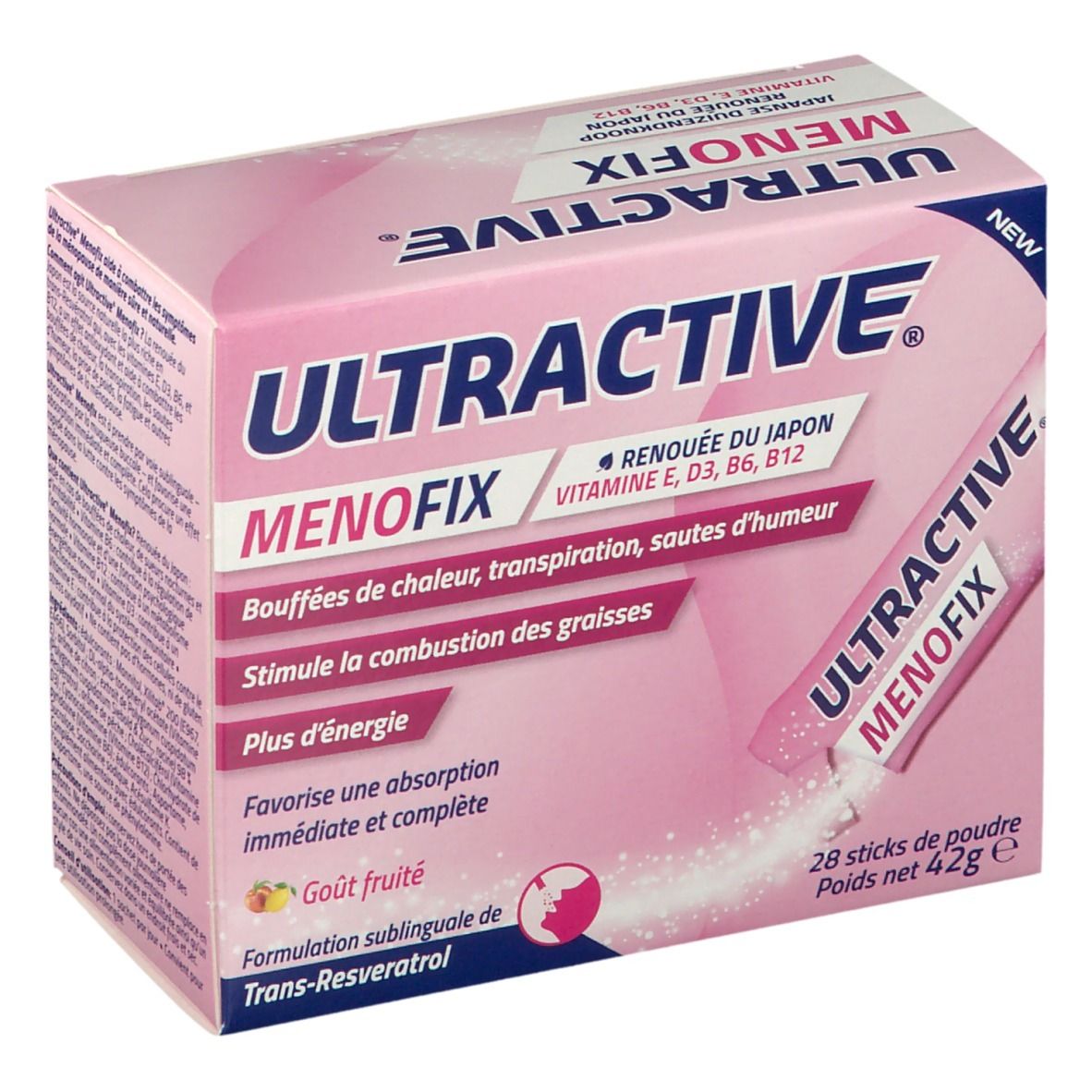 Boîte rose avec "ULTRACTIVE" et "MENOFIX". Contient 28 sticks de poudre. Inscription: Renouée du Japon, Vitamine E, D3, B6, B12.