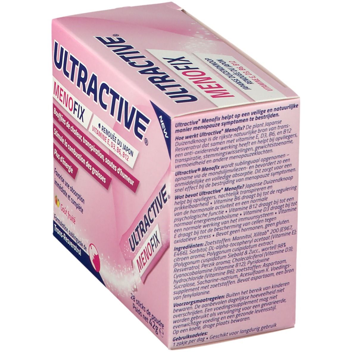 Boîte rose avec "ULTRACTIVE" et "MENOFIX". Contient 28 sticks de poudre. Inscription: Renouée du Japon, Vitamine E, D3, B6, B12.