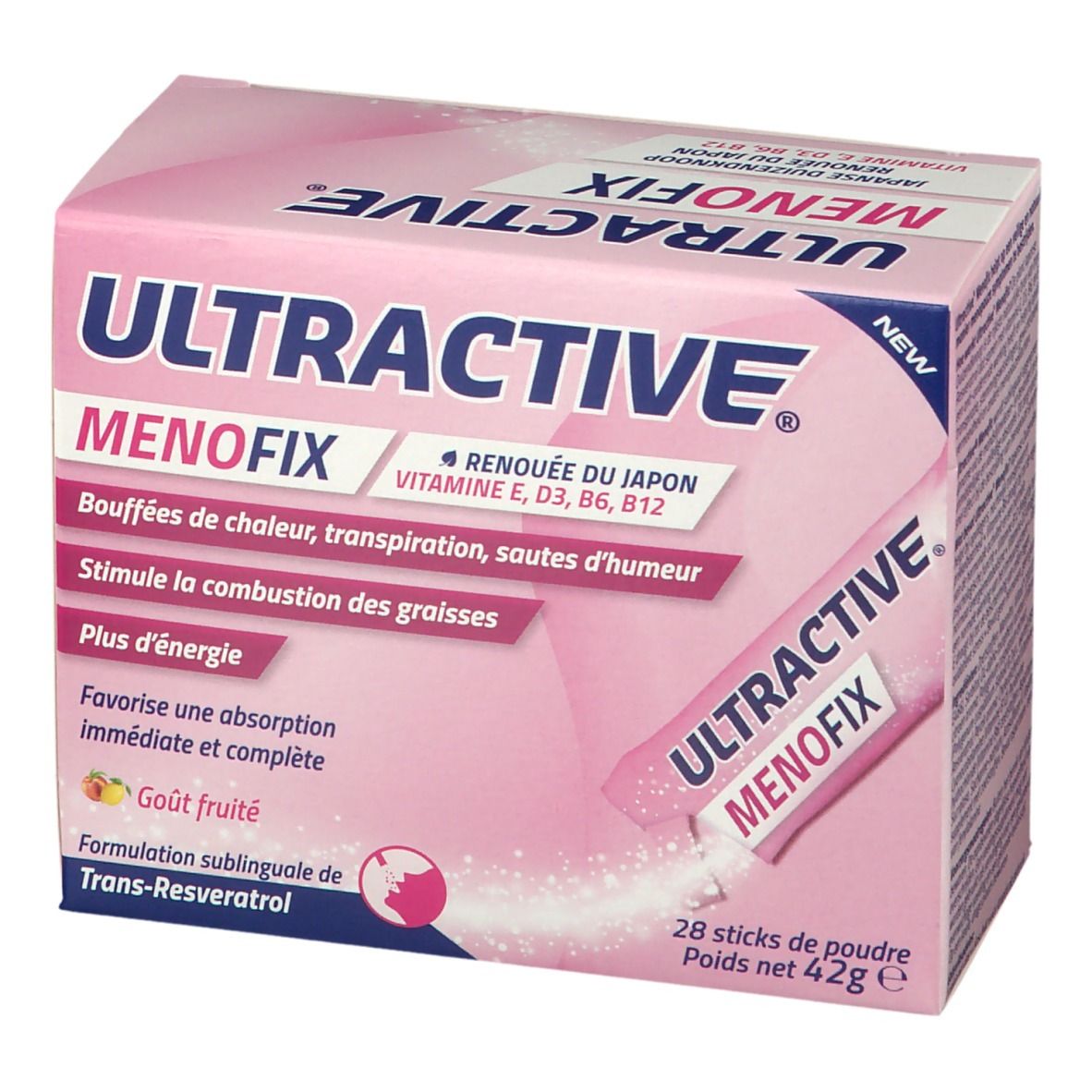 Boîte rose avec "ULTRACTIVE" et "MENOFIX". Contient 28 sticks de poudre. Inscription: Renouée du Japon, Vitamine E, D3, B6, B12.