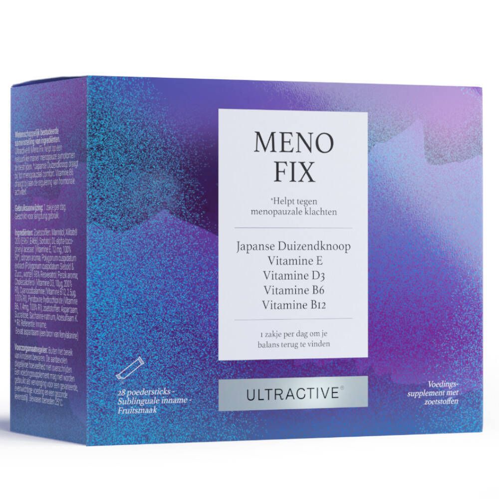 Boîte bleu-violet avec "MENOFIX" et "ULTRACTIVE". Contient 28 sticks de poudre. Inscription: Renouée du Japon, Vitamine E, D3, B6, B12.