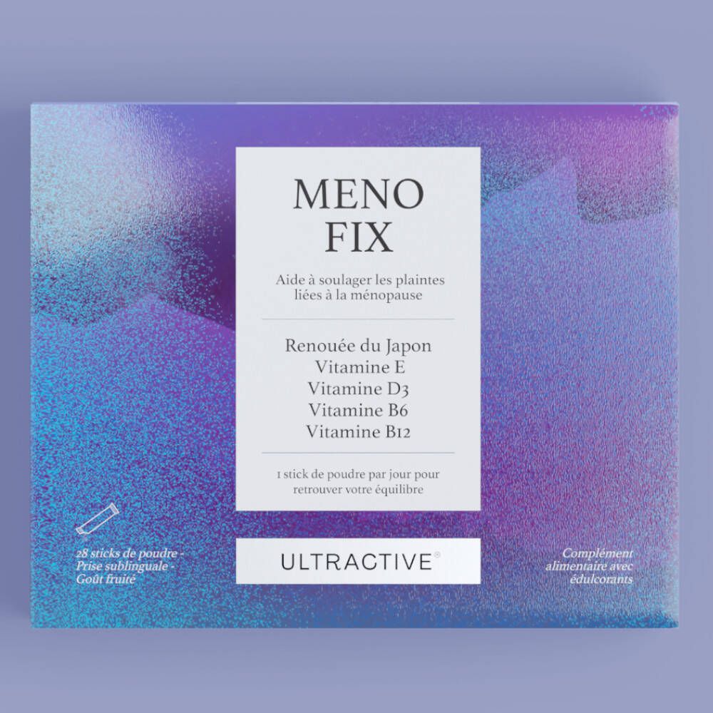 Boîte bleu-violet avec "MENOFIX" et "ULTRACTIVE". Contient 28 sticks de poudre. Inscription: Renouée du Japon, Vitamine E, D3, B6, B12.
