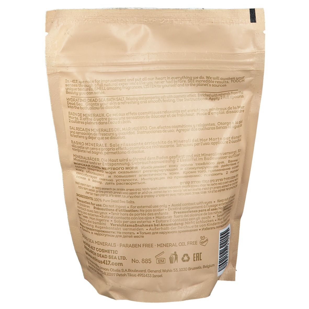 Dos du sachet de sel de bain -417. Texte multilingue, dont allemand, français, italien et néerlandais.