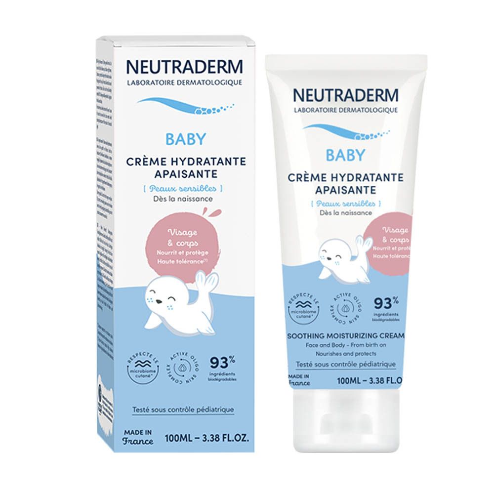 Emballage du produit : boîte et tube de crème pour bébé. Les deux produits présentent le même design et texte.