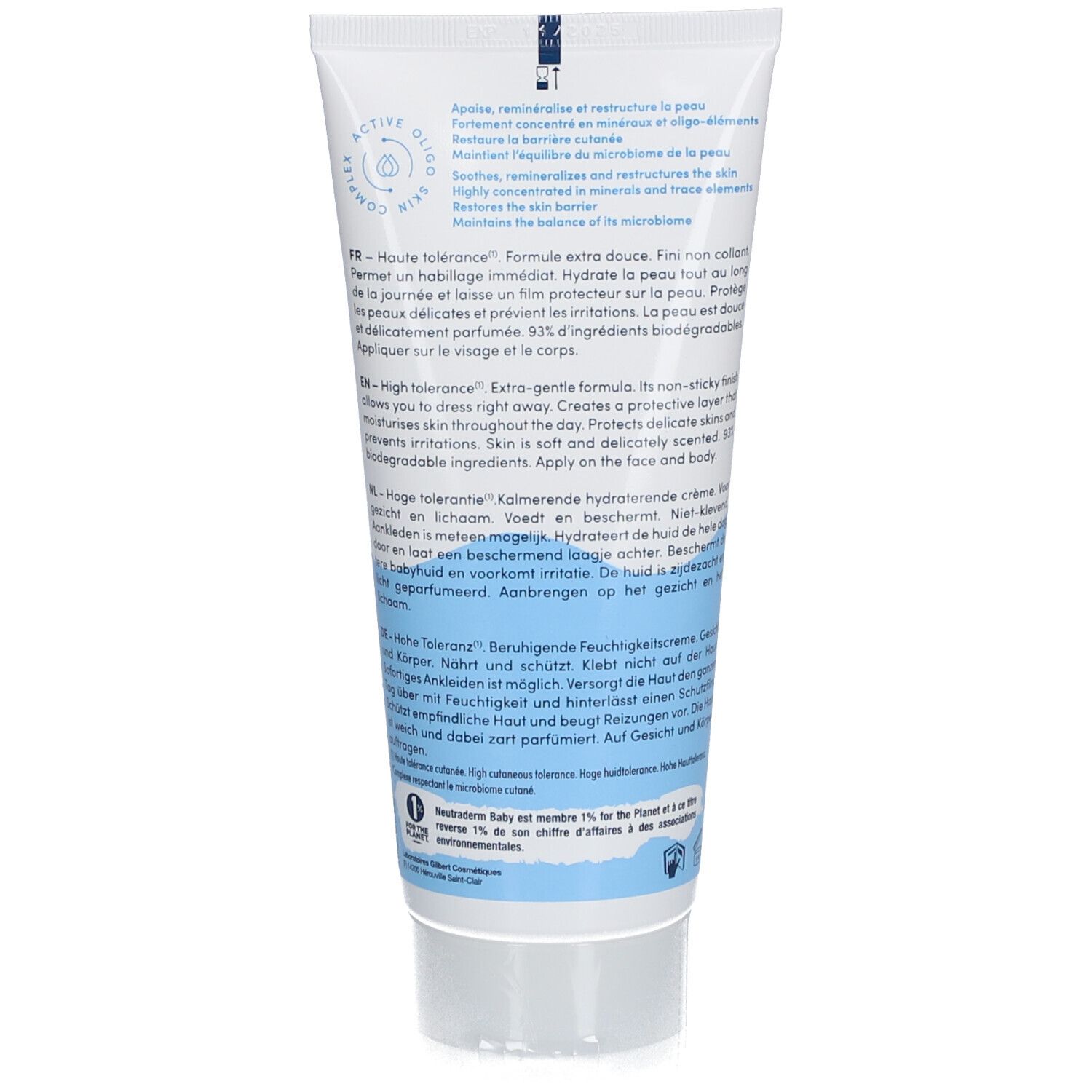Rückseite der Babycreme-Tube. Text in mehreren Sprachen, einschließlich Inhaltsstoffe und Informationen.