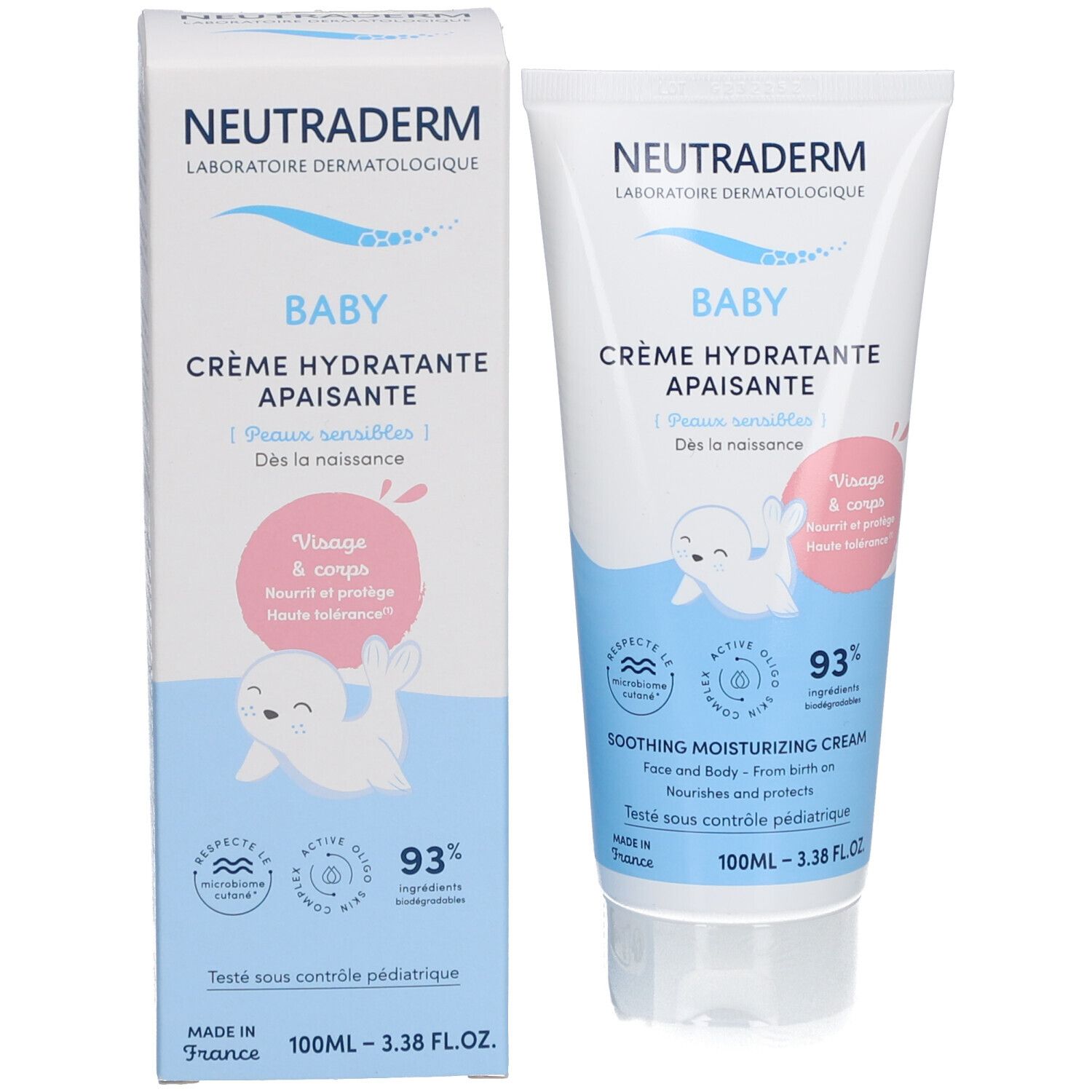 Produktverpackung: Schachtel und Tube Babycreme. Beide Produkte zeigen das gleiche Design und Text.