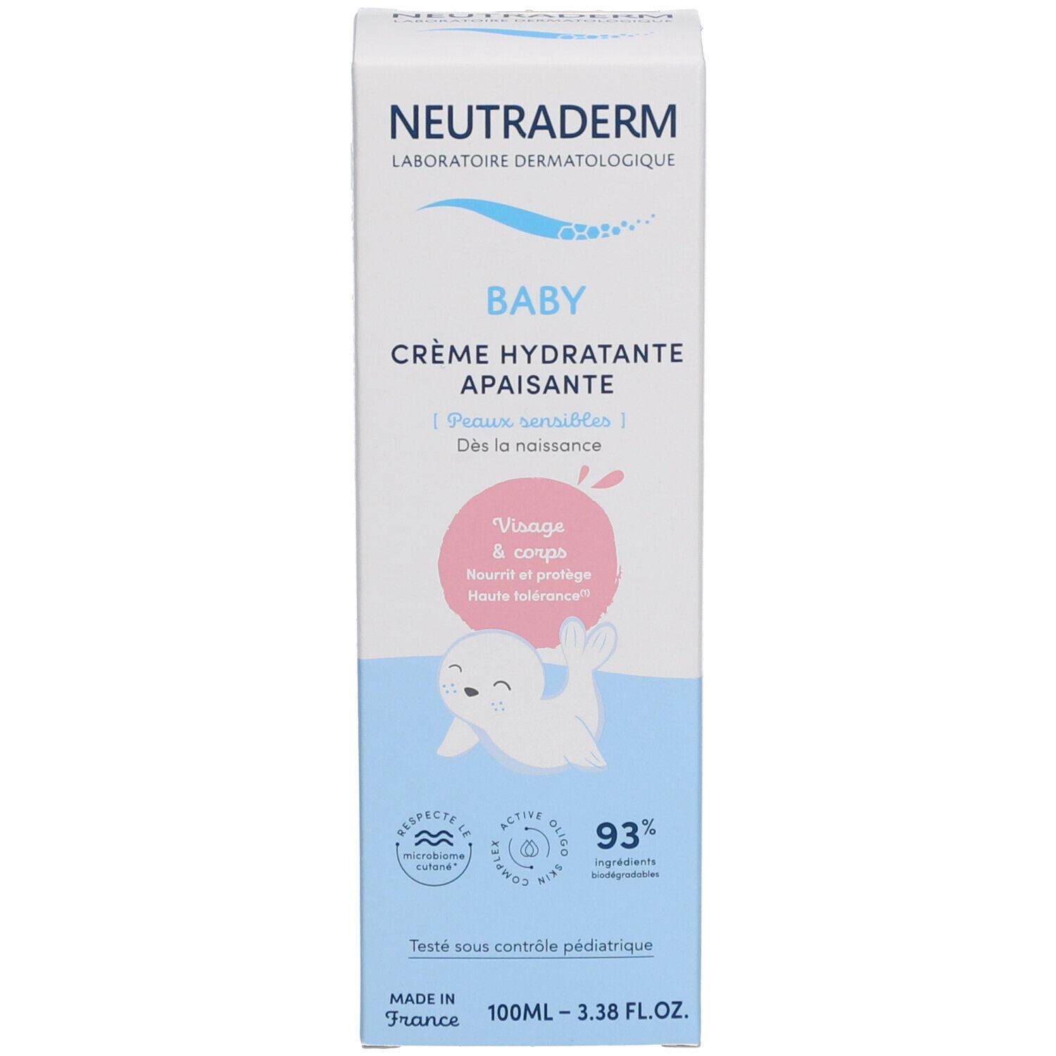 Babycreme-Schachtel, weiß mit blauem und rosa Design. Enthält Text und eine Illustration eines Seehunds.