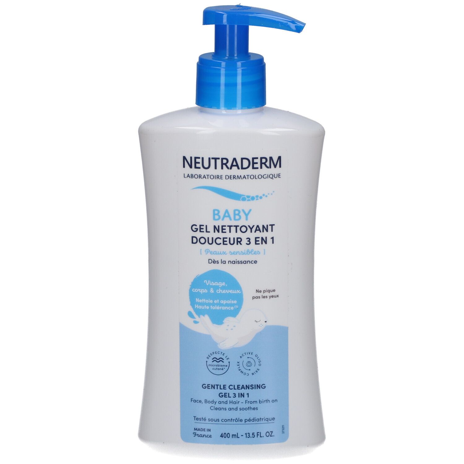 Flacon blanc avec pompe bleue. Inscription: Neutraderm Baby Gel Nettoyant Douceur 3 en 1. Pour visage, corps et cheveux.