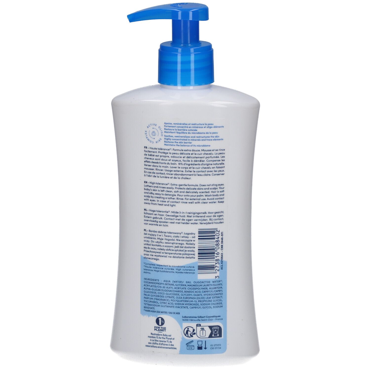 Dos du flacon blanc avec pompe bleue. Texte multilingue. Ingrédients et instructions d'utilisation.