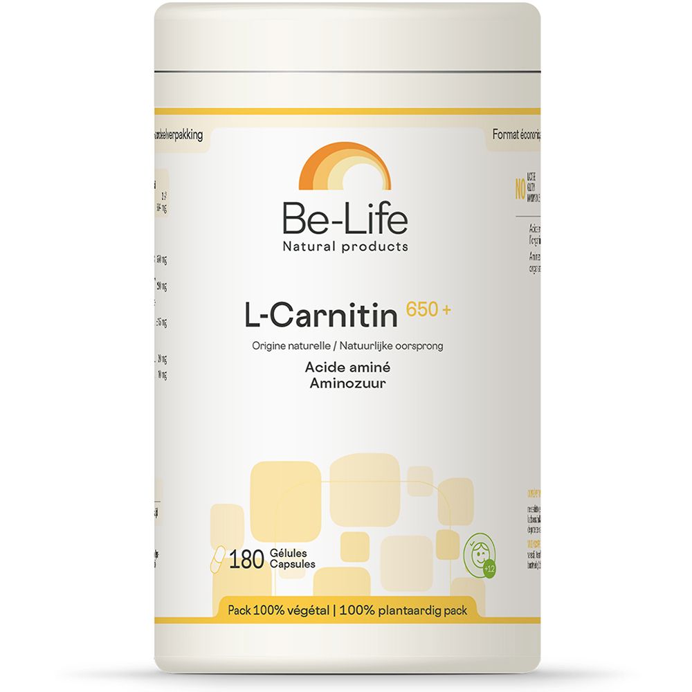 Be-Life L-Carnitin 650+ in Dose. Weiße Dose mit gelben Akzenten. 180 Kapseln. Aufschrift: L-Carnitin 650+.