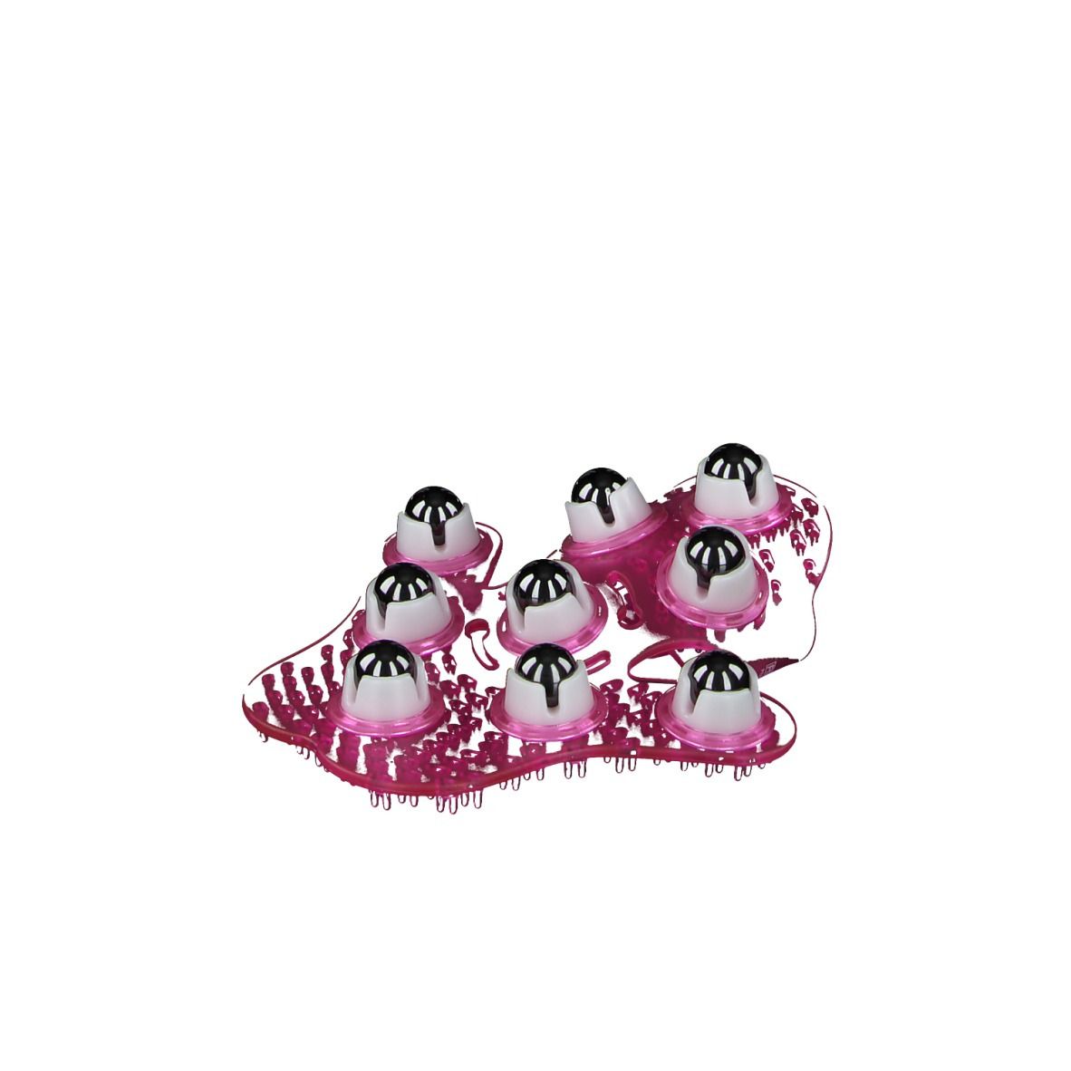 Massagegerät mit 9 Kugeln auf pinkfarbener Basis. Kugeln silberfarben, Basis mit Noppen. Wellness-Produkt.