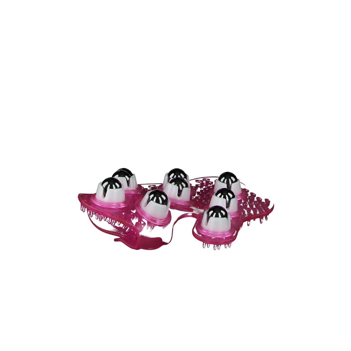 Massagegerät mit 9 Kugeln auf pinkfarbener Basis. Kugeln silberfarben, Basis mit Noppen. Wellness-Produkt.