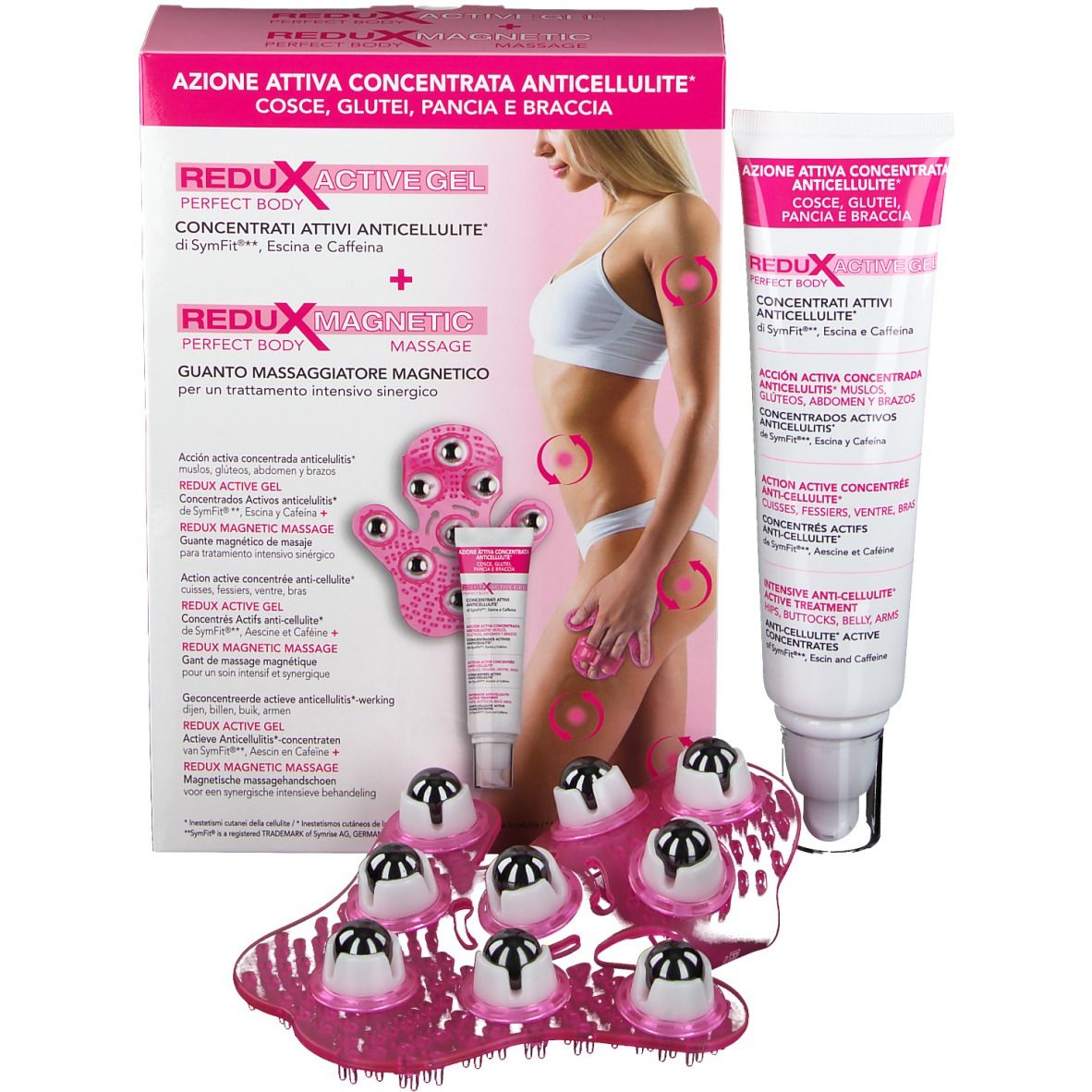 Verpackung mit Produkt ReduX Aktives Gel + ReduX Magnetische Massage. Frau zeigt Anwendung. Tube und Massagegerät.
