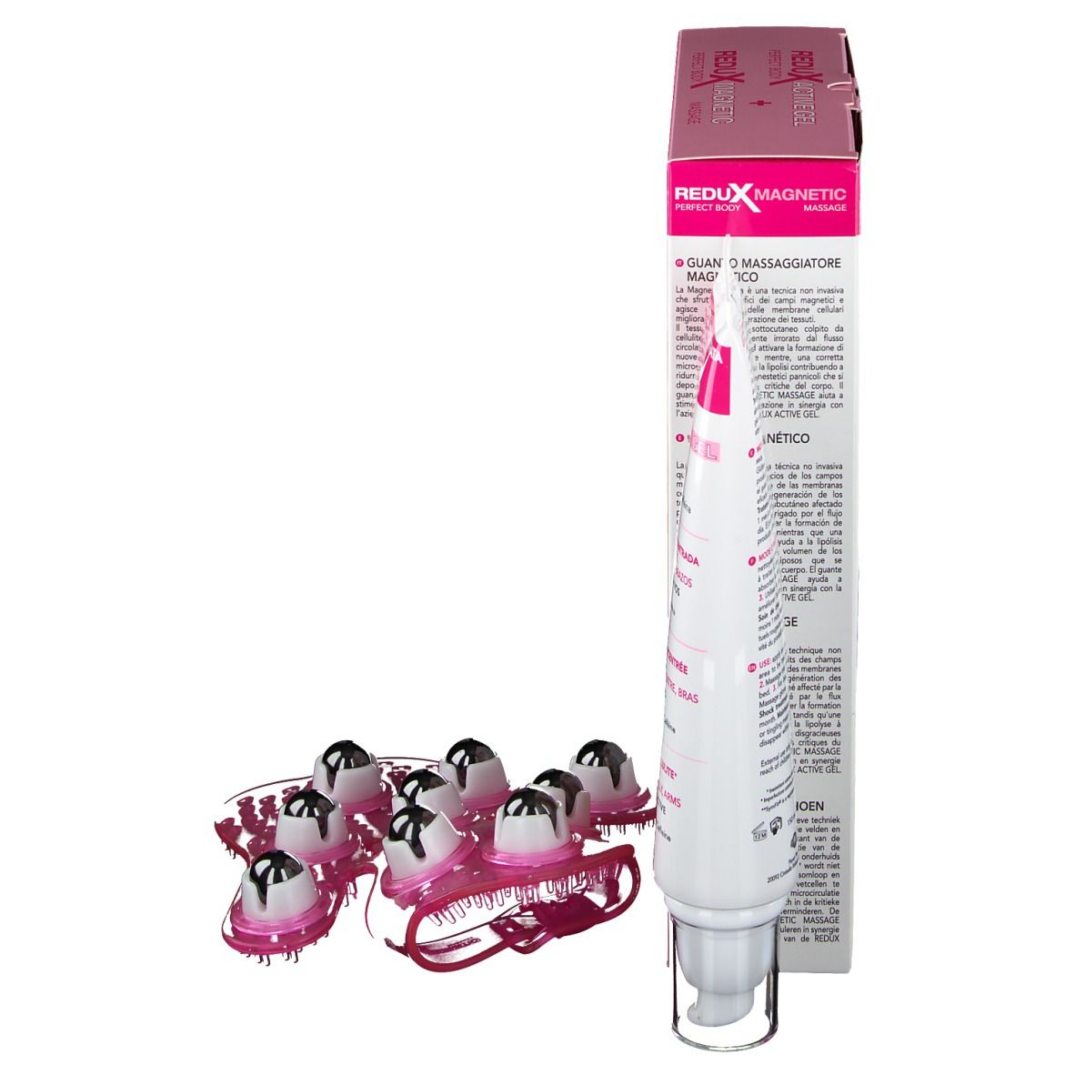 Produkt ReduX Aktives Gel + ReduX Magnetische Massage. Tube und Massagegerät. Verpackung im Hintergrund.