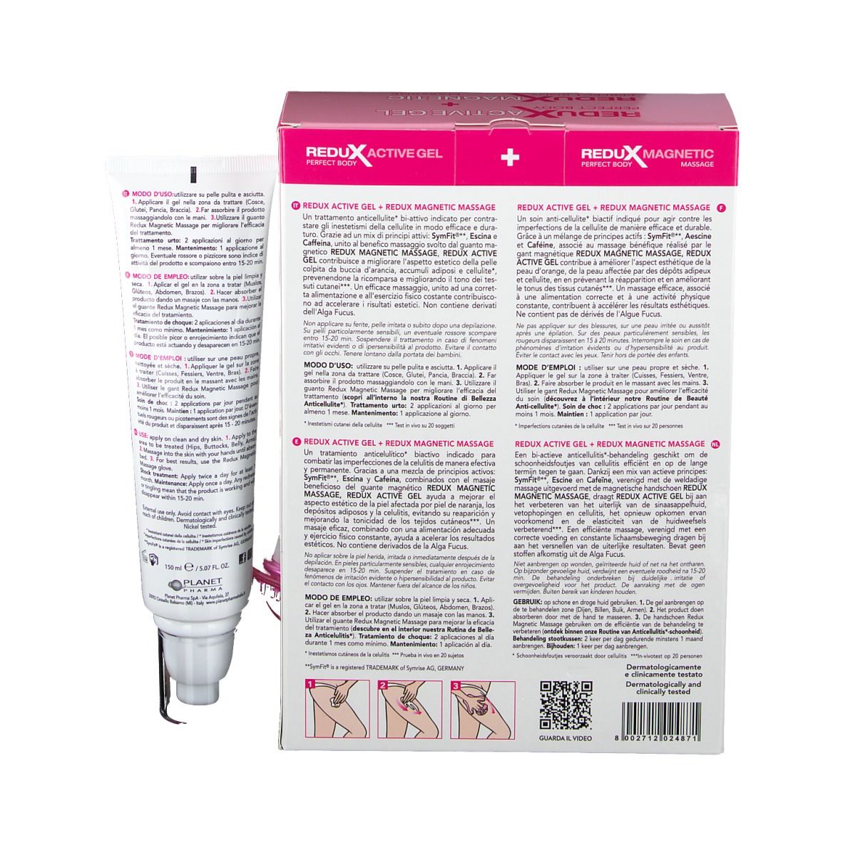 Rückseite der Produktverpackung ReduX Aktives Gel + ReduX Magnetische Massage. Text in mehreren Sprachen.