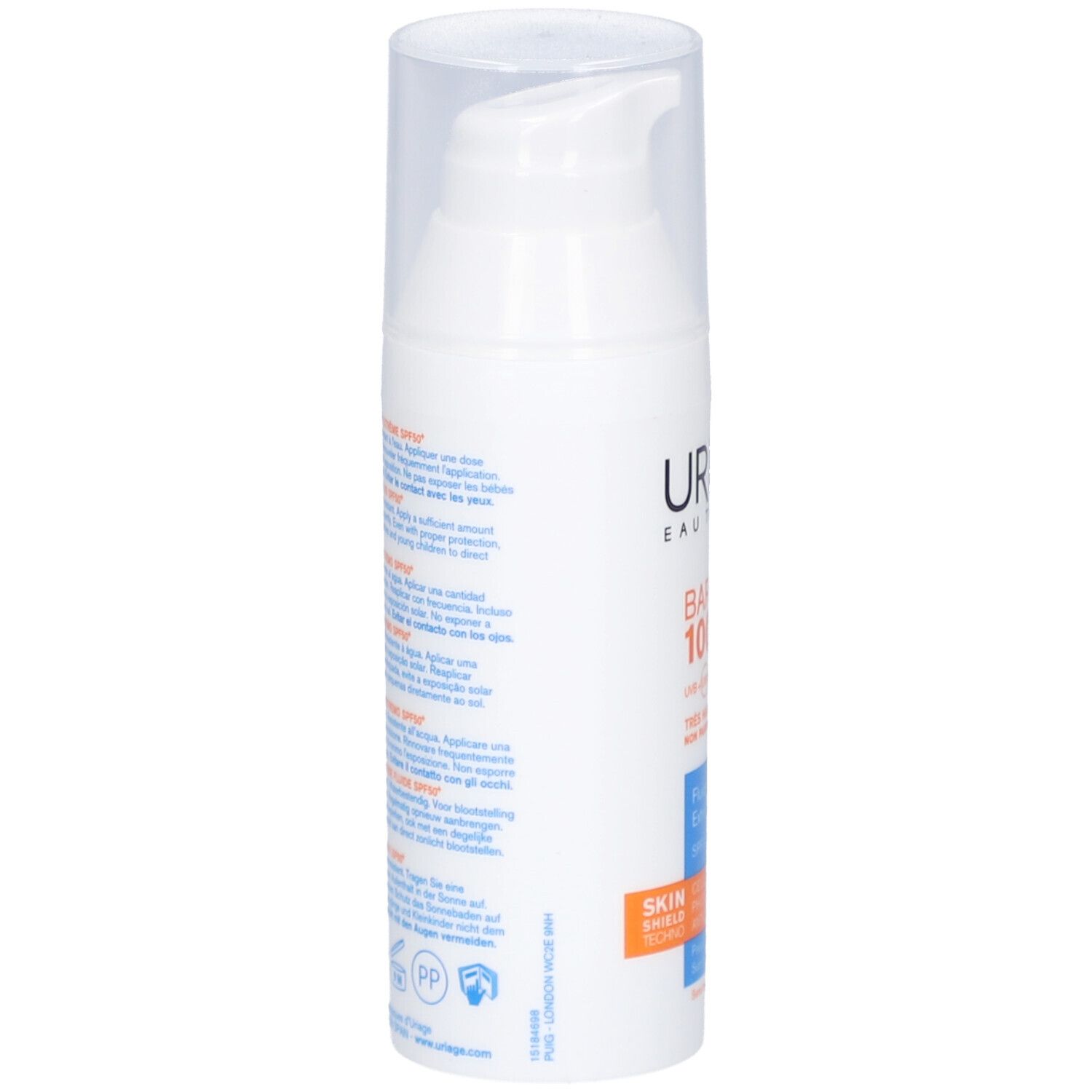 Weiße Flasche mit Pumpe, URIAGE-Logo, BARIÉSUN 100-Schriftzug. Text auf der Rückseite.