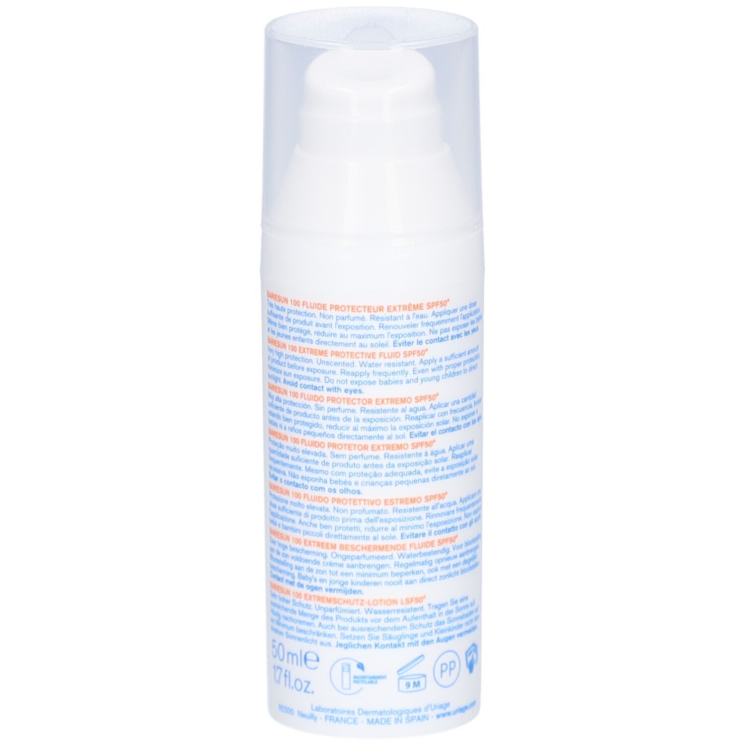 Weiße Flasche mit Pumpe, URIAGE-Logo, BARIÉSUN 100-Schriftzug. Text auf der Rückseite, 50ml.