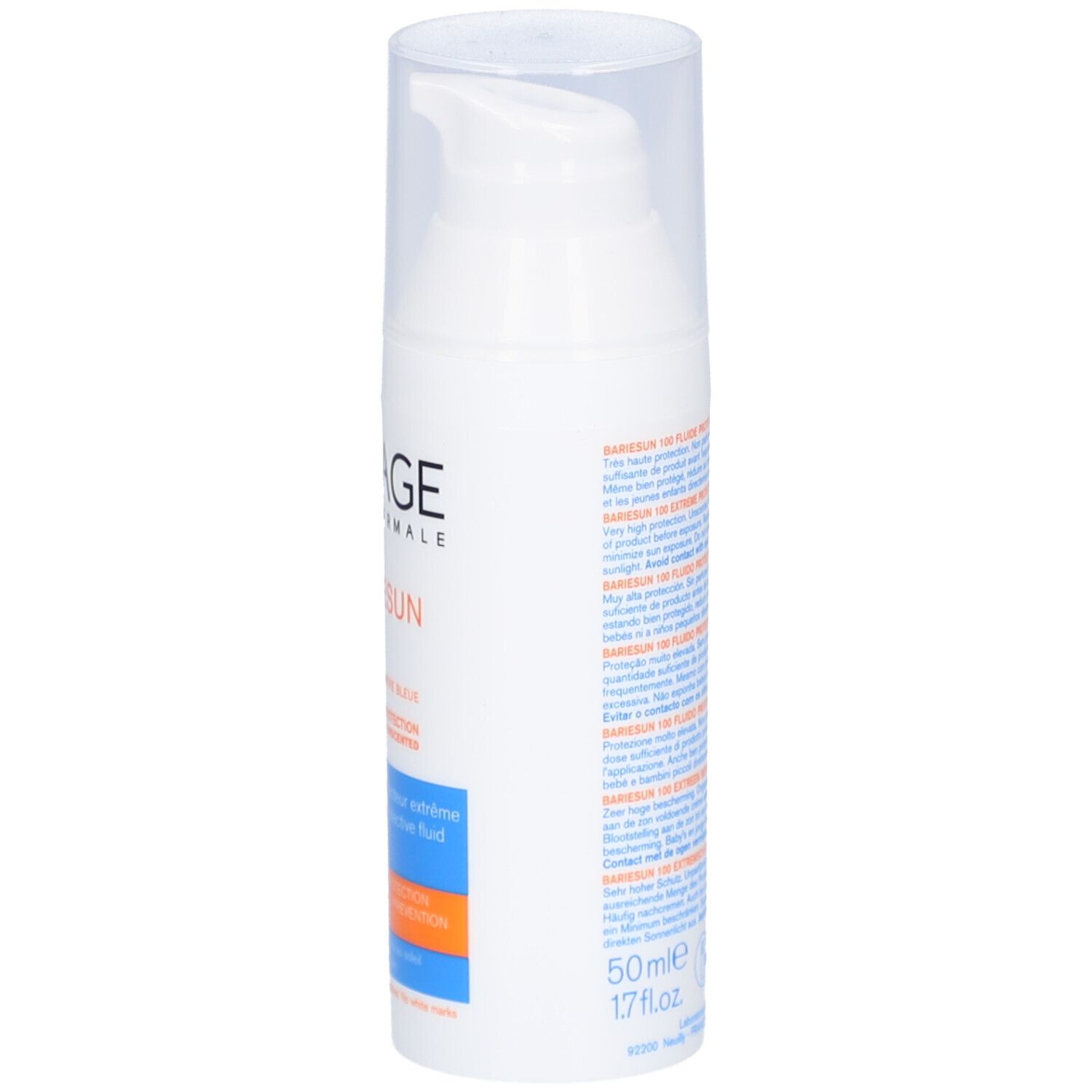 Weiße Flasche mit Pumpe, URIAGE-Logo, BARIÉSUN 100-Schriftzug. Text auf der Seite, 50ml.