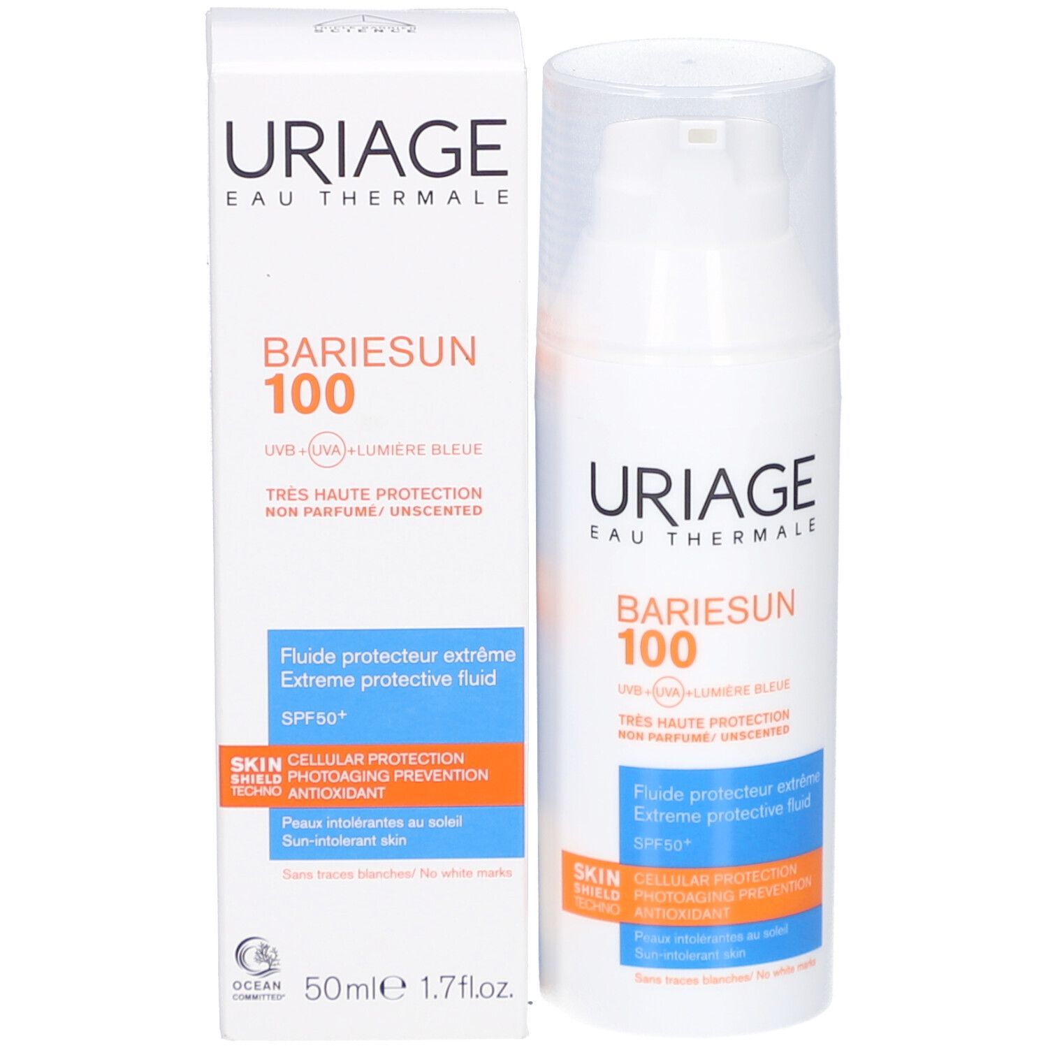 Produktverpackung mit Flasche und Karton. URIAGE, BARIÉSUN 100, 50ml. Textfelder und Logo.