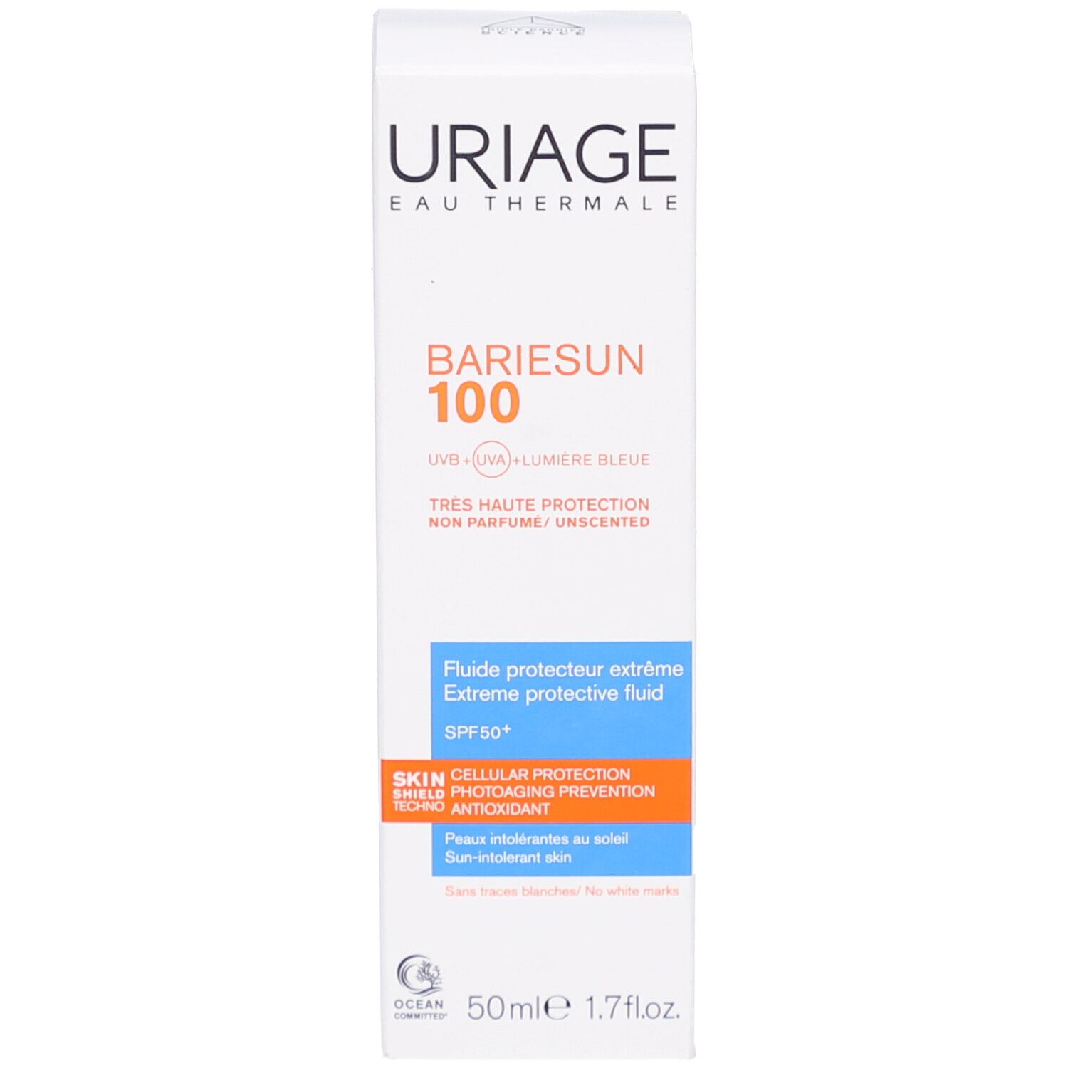 Produktverpackung, Karton. URIAGE, BARIÉSUN 100, 50ml. Textfelder und Logo.