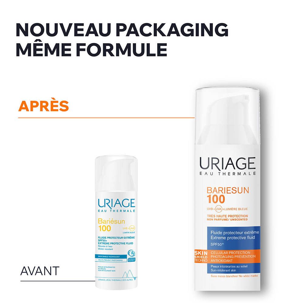 Flacon blanc Uriage Bariésun 100 Fluid avec bouchon pompe. Texte: Bariésun 100, SPF50+.