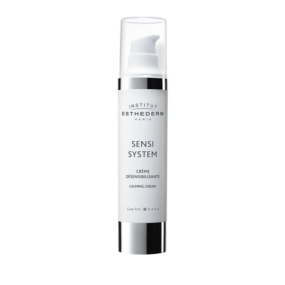 Weiße Flasche mit Pumpverschluss. Aufschrift: INSTITUT ESTHEDERM PARIS, SENSI SYSTEM, Crème Désensibilisante, Calming Cream.