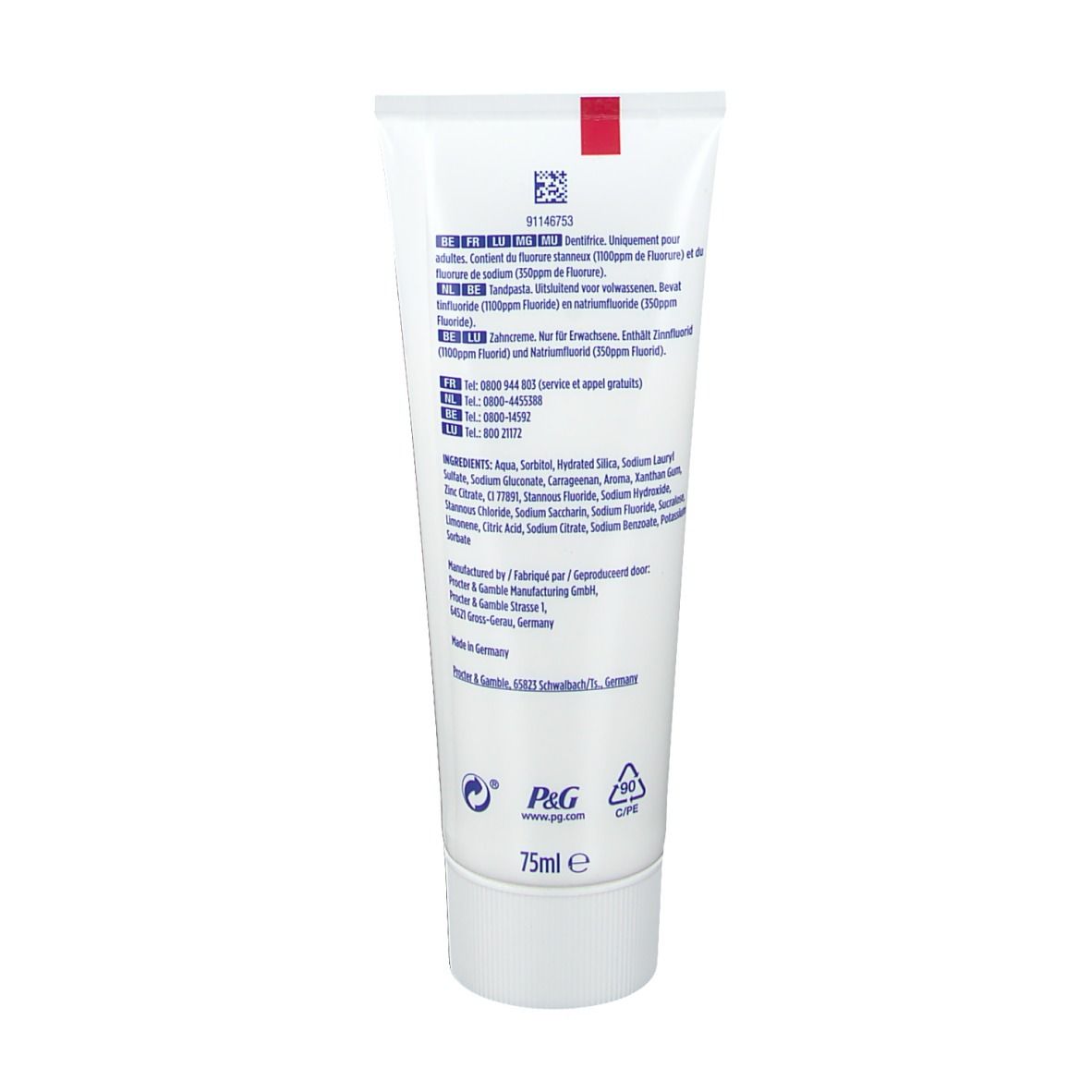 Dos du tube de dentifrice. Texte multilingue. Ingrédients et informations fabricant. 75ml.