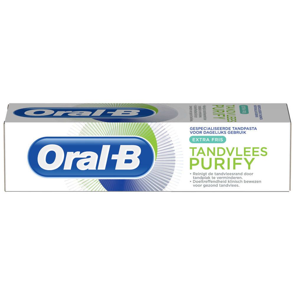 Emballage de dentifrice Oral-B®. Blanc, bleu et vert. Inscriptions : Oral-B, TANDVLEES PURIFY, EXTRA FRAIS.