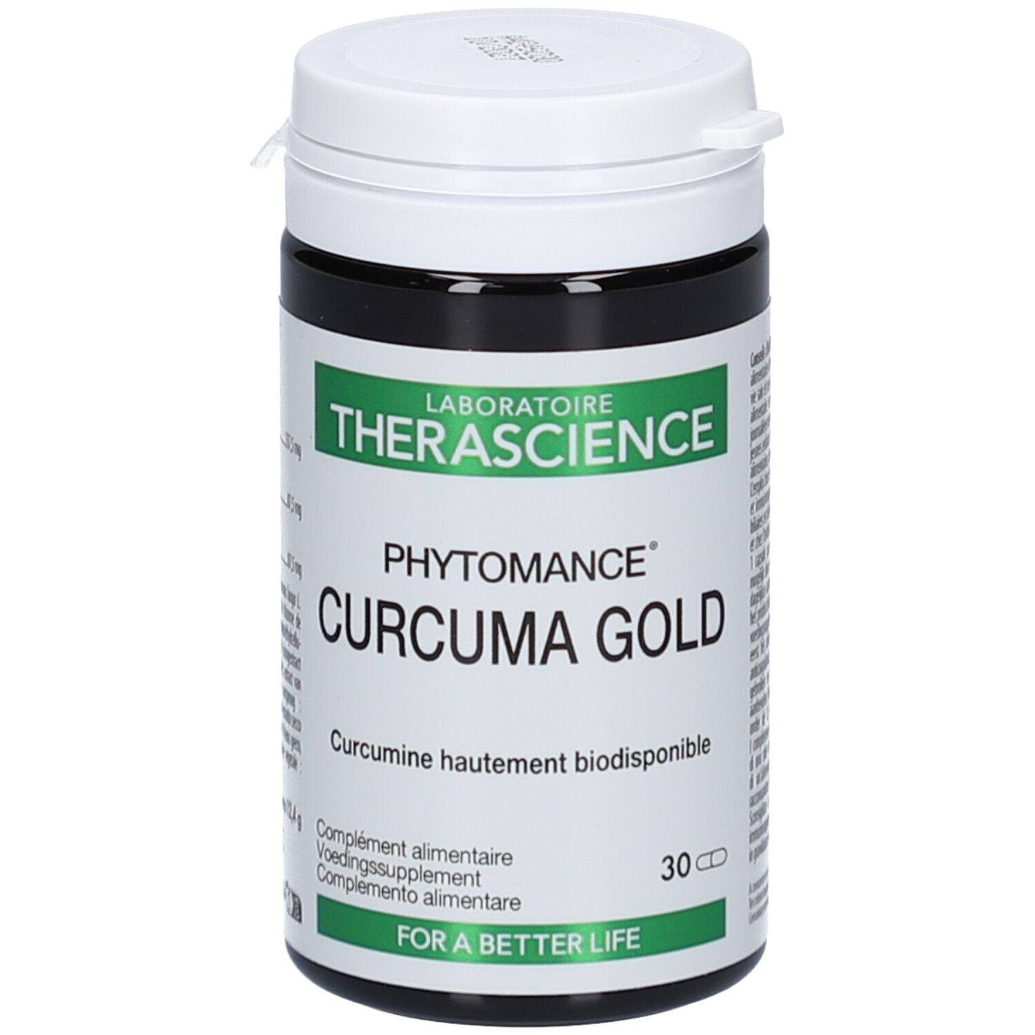 Dose mit Kapseln. Aufschrift: Phytomance Curcuma Gold. Marke: Therascience. 30 Kapseln. Grüner und weißer Aufdruck.