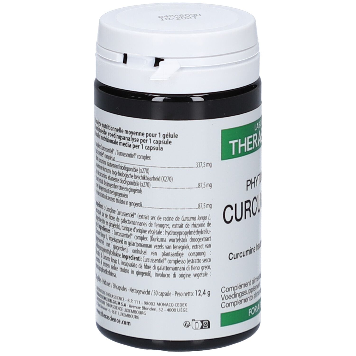 Dose mit Kapseln. Aufschrift: Phytomance Curcuma Gold. Marke: Therascience. Detailansicht der Inhaltsstoffe und Nährwerte.