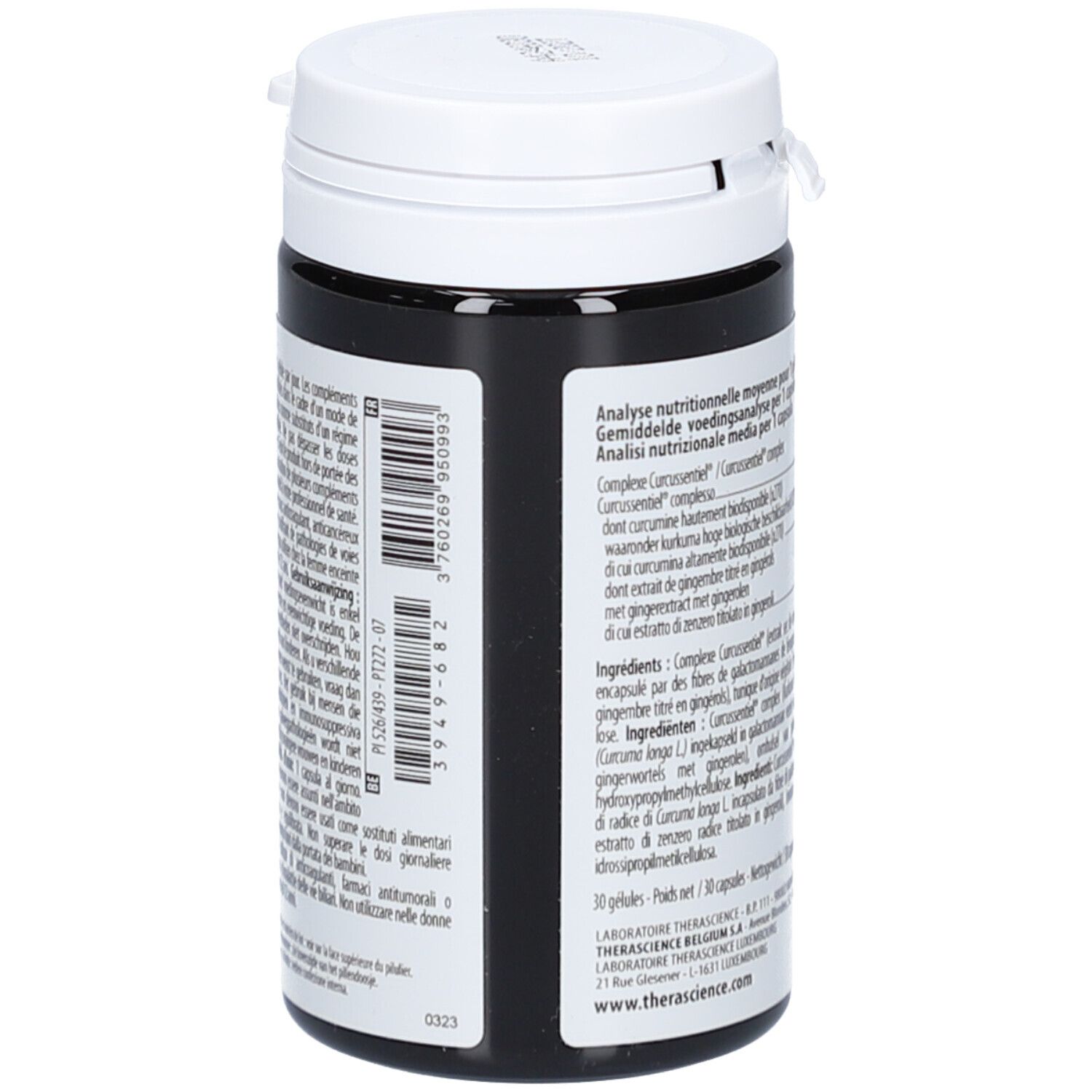 Dose mit Kapseln. Aufschrift: Phytomance Curcuma Gold. Marke: Therascience. Rückseite mit Barcode und Inhaltsstoffen.