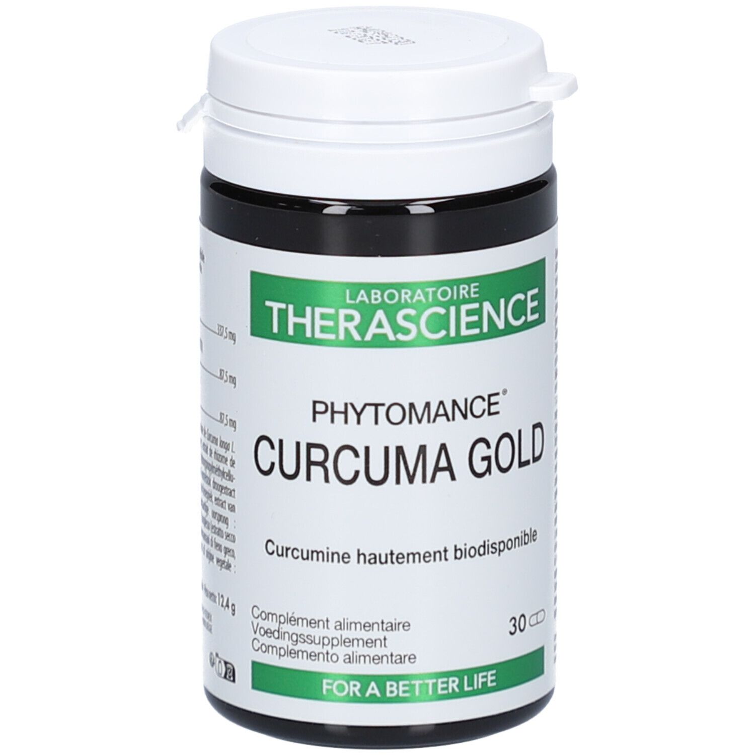 Dose mit Kapseln. Aufschrift: Phytomance Curcuma Gold. Marke: Therascience. 30 Kapseln. Grüner und weißer Aufdruck.