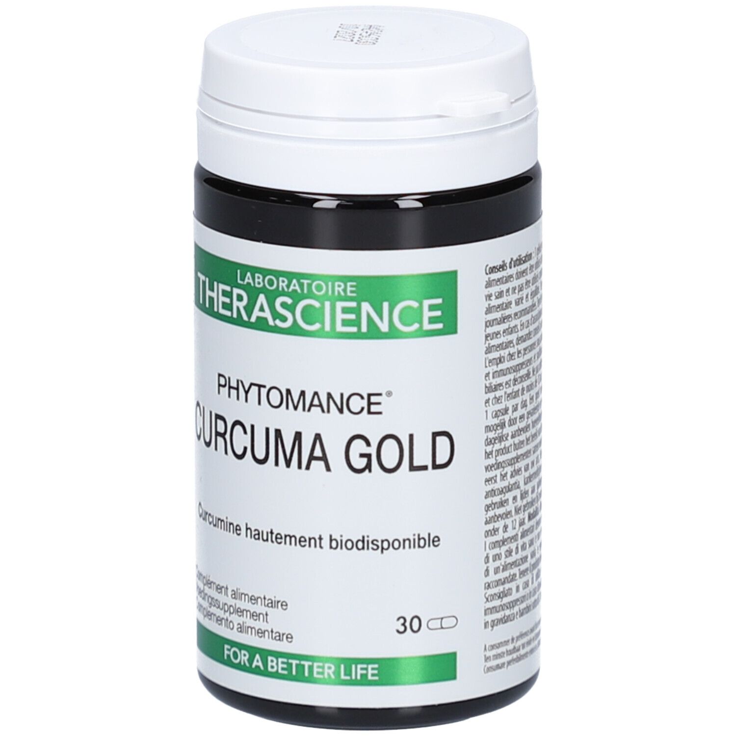 Dose mit Kapseln. Aufschrift: Phytomance Curcuma Gold. Marke: Therascience. 30 Kapseln. Grüner und weißer Aufdruck.