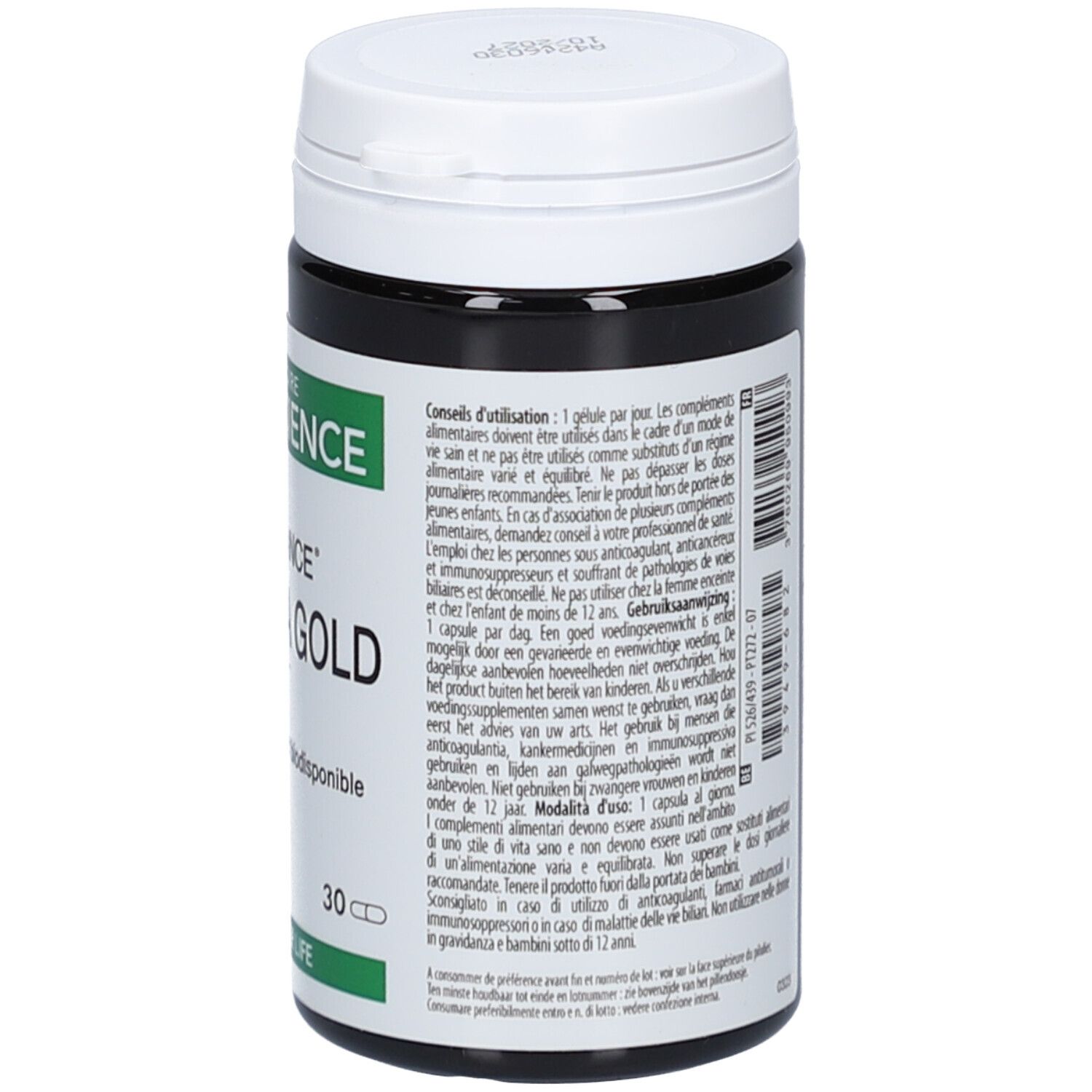 Dose mit Kapseln. Aufschrift: Phytomance Curcuma Gold. Marke: Therascience. Rückseite mit Gebrauchsanweisung.