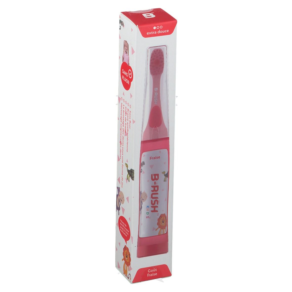Zahnbürste für Kinder in Verpackung. B-RUSH Kids, Erdbeergeschmack. Rote Bürste, transparente Verpackung.