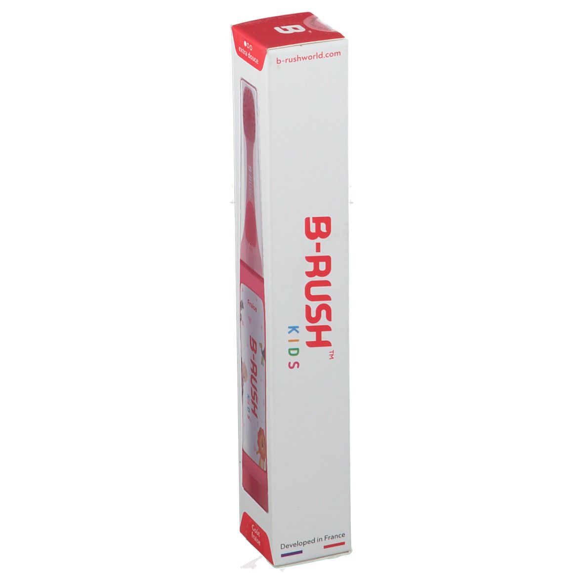 Verpackung mit B-RUSH Kids Zahnbürste. Weiß mit roter Schrift. Entwickelt in Frankreich. B-rushworld.com.