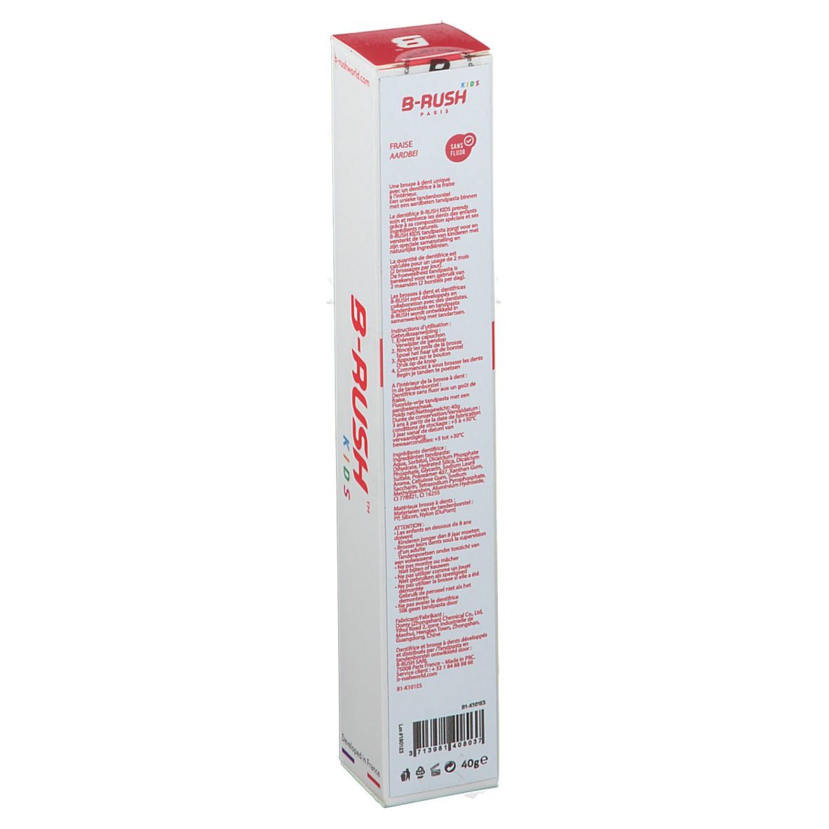 Rückseite der B-RUSH Kids Zahnbürstenverpackung. Weiß mit roter Schrift. Text in mehreren Sprachen. 40g.