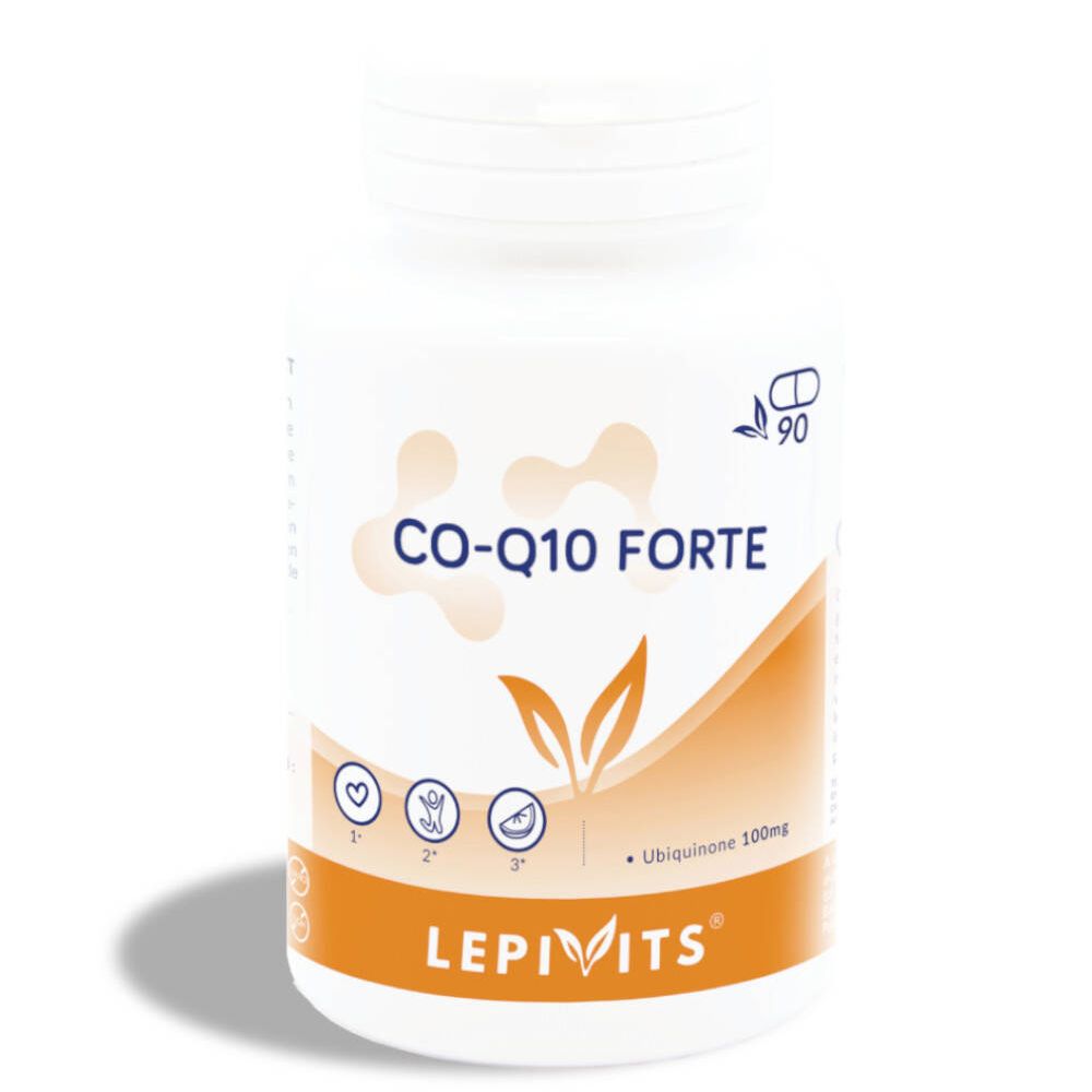 Weiße Flasche mit LEPIVITS® CoQ10 FORTE. Aufschrift: CO-Q10 FORTE, Ubichinon 100mg. 90 Kapseln.