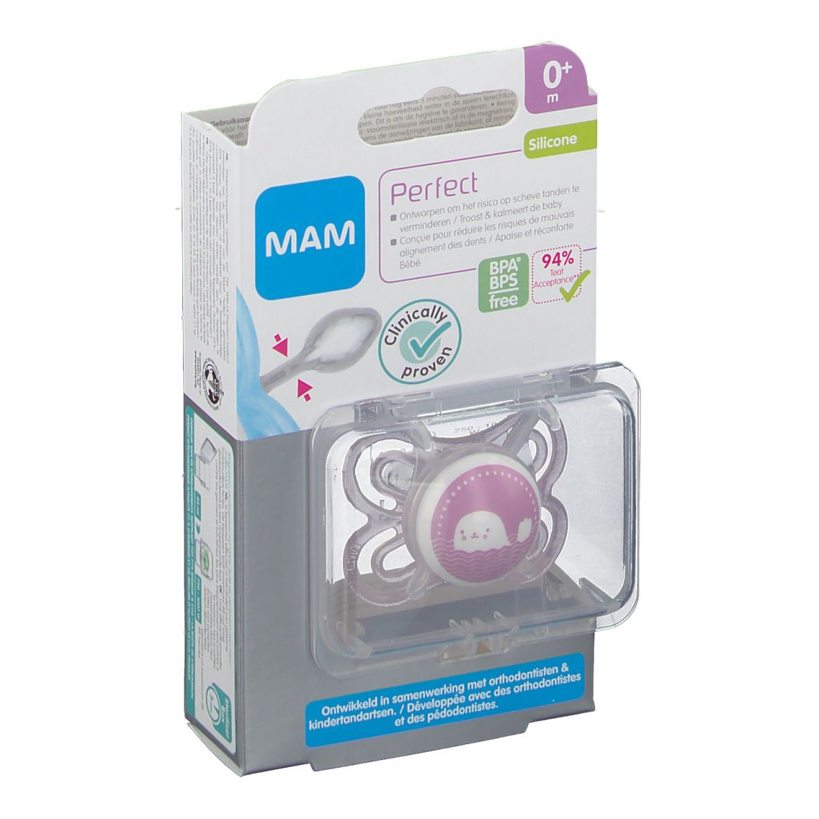 Sucette MAM Perfect en silicone rose, emballage. Anneau blanc avec motif animal. Sans BPA. Âge 0-6 mois.
