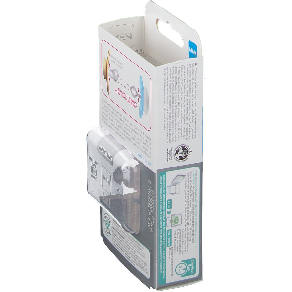 Emballage, dos. Illustrations et texte. Logo MAM. Certifications. Fabriqué en Europe.