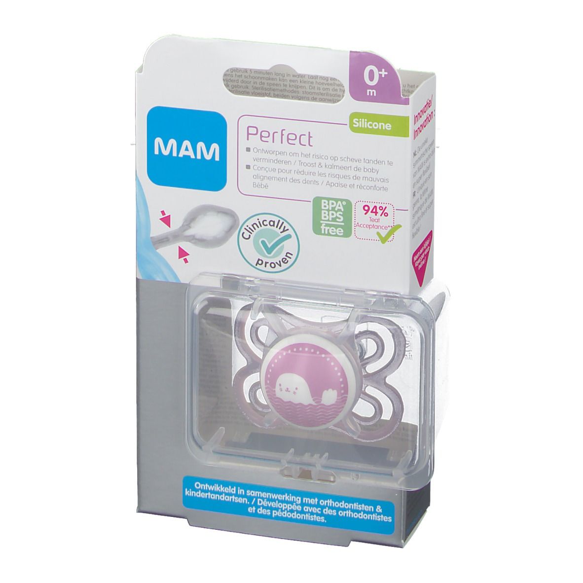Sucette MAM Perfect en silicone rose, emballage. Anneau blanc avec motif animal. Sans BPA. Âge 0-6 mois.