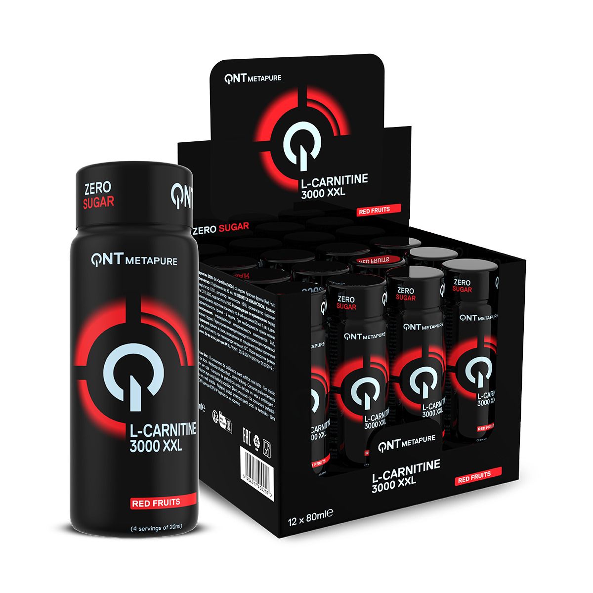 Flacon noir QNT Metapure L-Carnitine 3000 XXL. Inscription : L-Carnitine 3000 XXL, Fruits rouges.