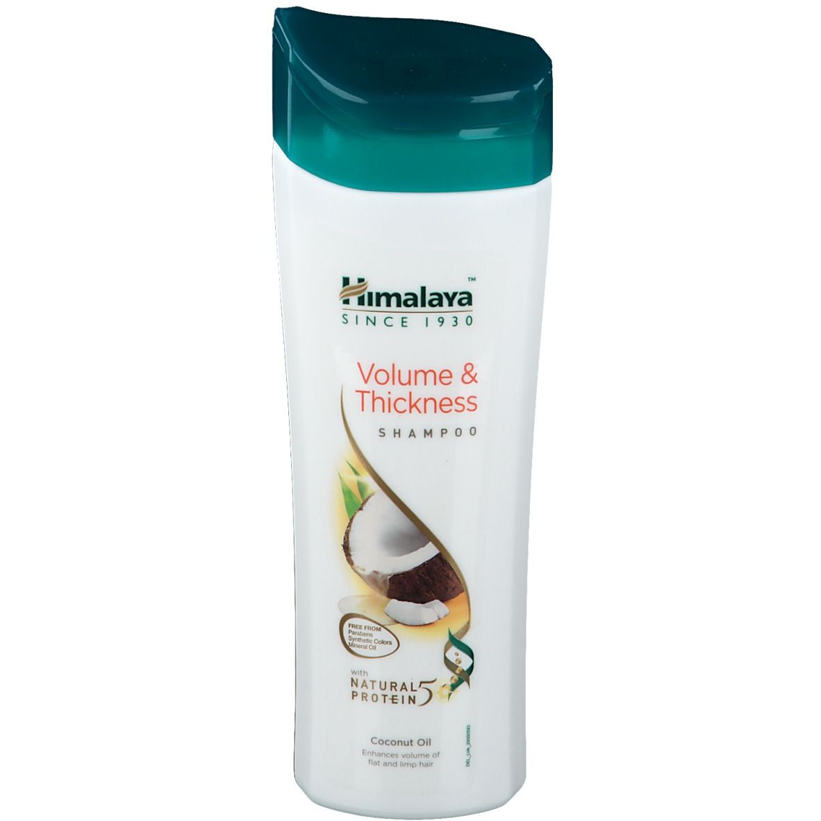 Weißes Shampoo mit grünem Deckel. Aufschrift: Himalaya, Volume & Thickness Shampoo. Kokosnuss-Abbildung.