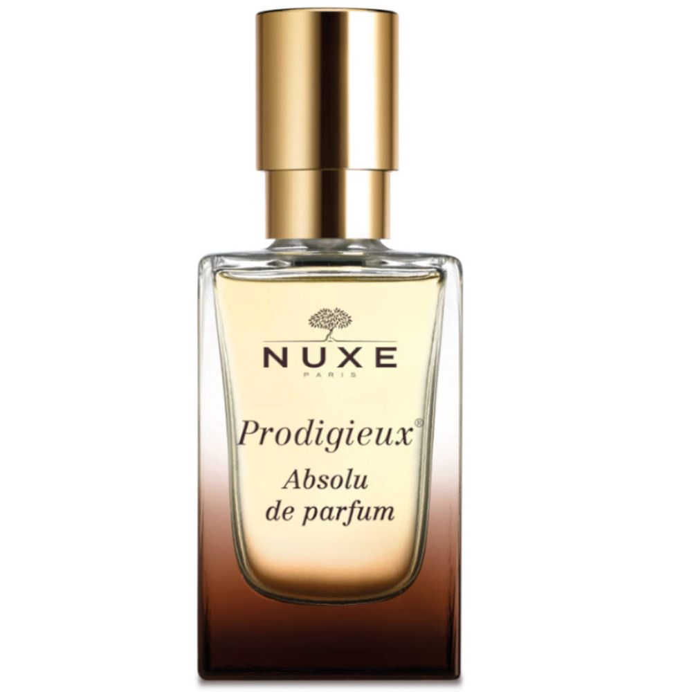 Parfümflasche mit goldfarbenem Verschluss. Aufschrift: Nuxe Paris, Prodigieux Absolu de parfum.