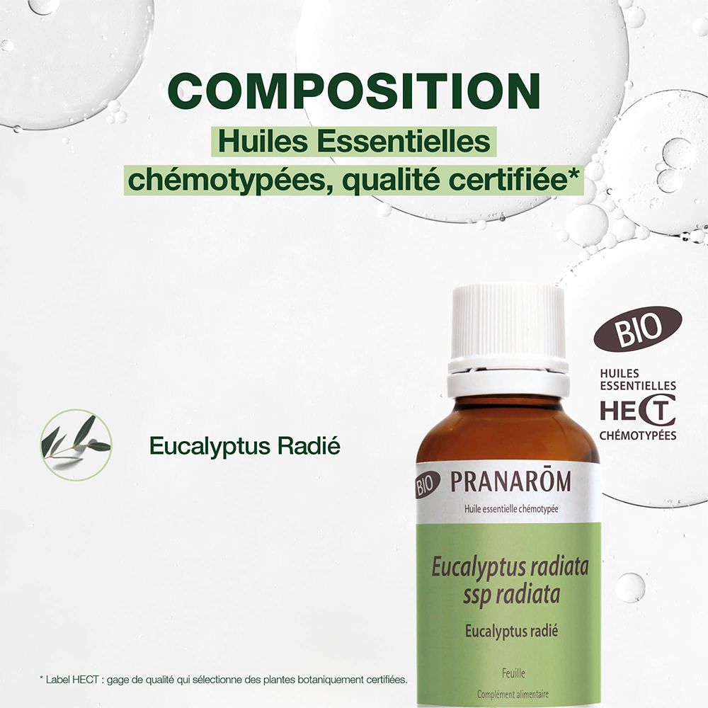 Flacon Pranarom Eucalyptus radiata. Texte: Huiles Essentielles chémotypées.