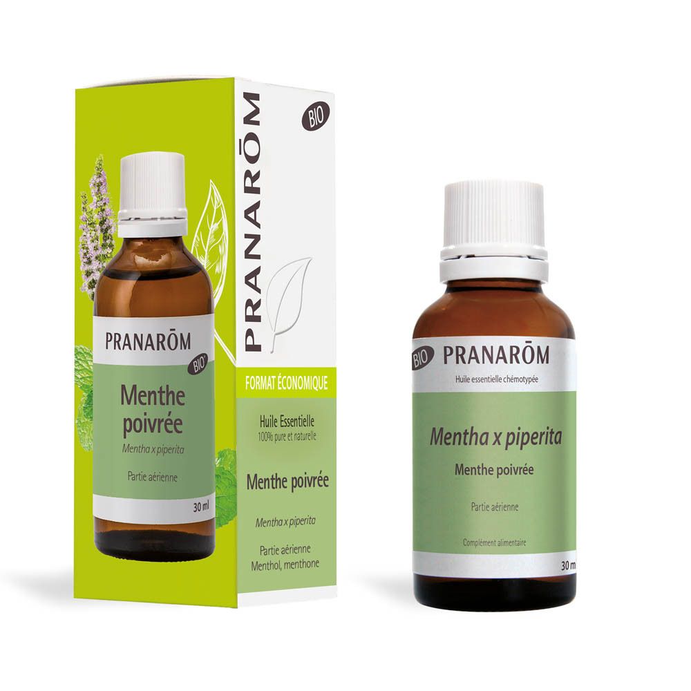 Flacon et emballage. Marque Pranarôm. Produit : Menthe poivrée. Certification BIO. Format économique.