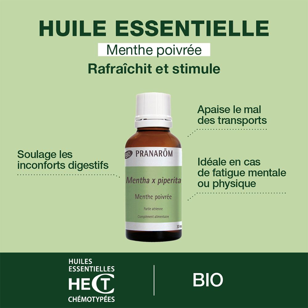 Produktflasche mit Text auf grünem Hintergrund. Text: Huile Essentielle, Menthe poivrée. BIO-Zertifizierung.