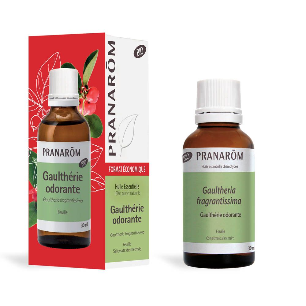 Flacon et emballage du produit. Flacon avec bouchon blanc. Emballage avec nom du produit et certification BIO.